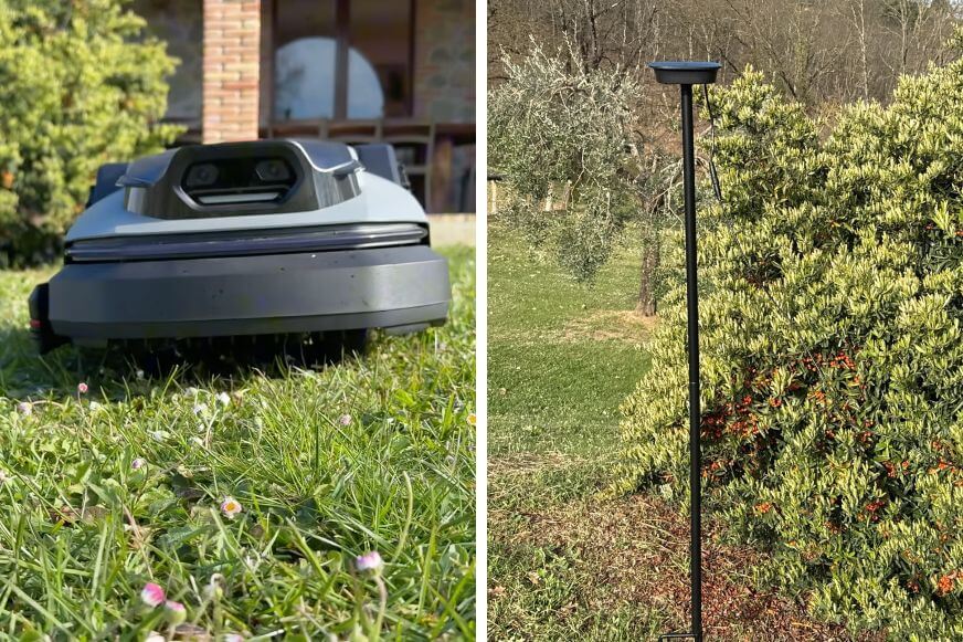 Roborock RockMow S1 Mähroboter Detailaufnahme mit breiten Reifen und Kameramodul vorne und RTk-Antenne